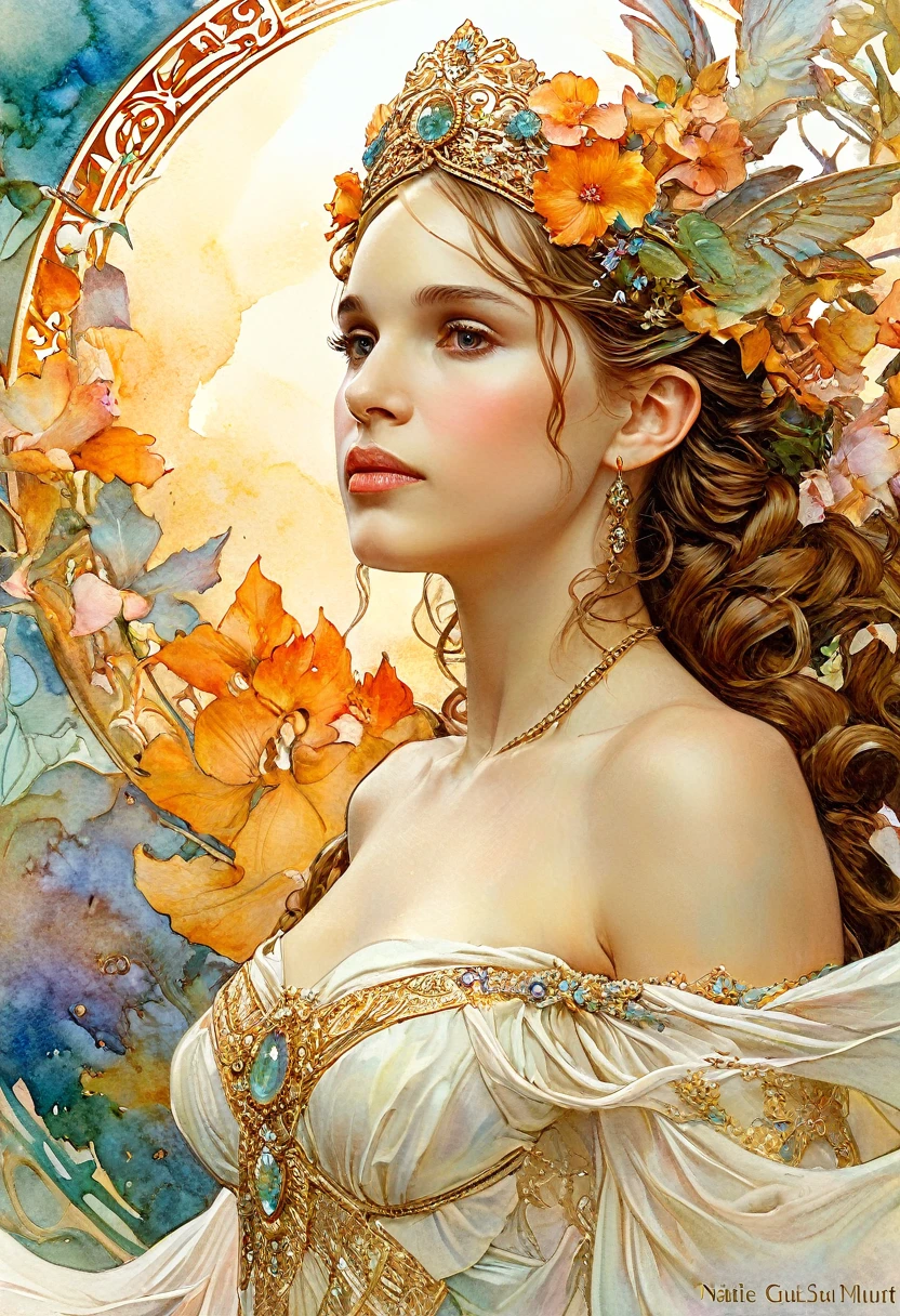 It depicts a beautiful woman with amber in her hair., (Natalie Portman:1.2), extremely detailed watercolor, The style of Alfons Maria Mucha and Gustav Kilmut, Art Nouveau accents, Fairy Queen, Anthropomorphic woman, Female figure, Detailed cover artwork, As the Goddess of the Earth, Alphonse Mucha, Gustav Klimt, Pale skin, Marble sculpture, society, Gothic art, Art Nouveau, Behance Contest Winner