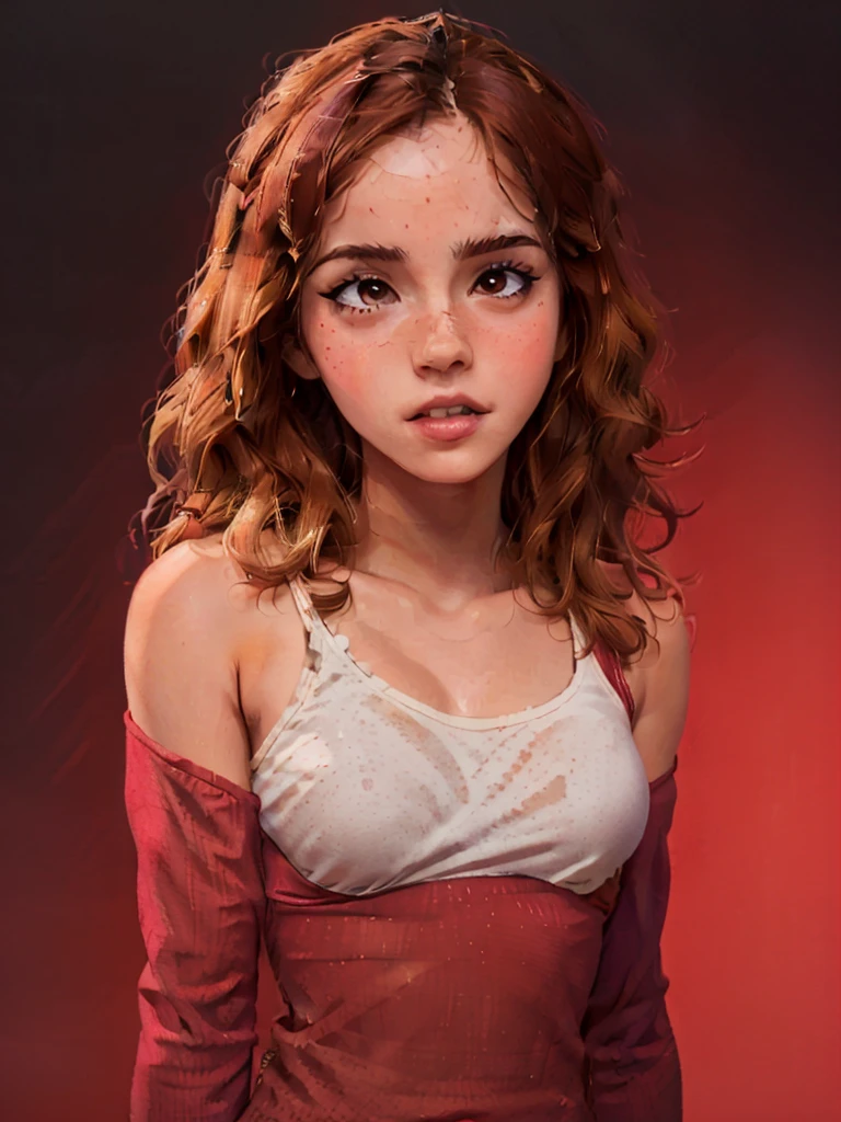 one asian girl, hermione granger, solo, abs, slender body, (upper body, bust:1.2), brown eyes, brown hair, red clothes, bare shoulders, masterpiece, highly detailed, look at viewer, shiny blured orange background, gradient sprayed background, front view, gradient red purple background, blured background, glowing edges of image