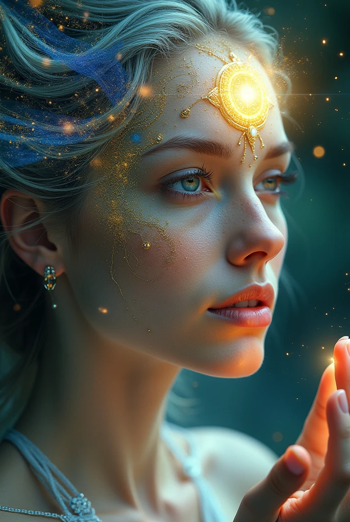 woman, detailed face, detailed eyes, detailed hands, Diving Into The Ether Flowing with The Eternal Soul Through Vibration of love, everything is connected, Flowing energy, Spiritual, Divine, Dreamlike, cosmic, concept-art, mind blowing, Feminine beauty, God, pineal gland, DreamlikeArt, magic, fantasy, full body