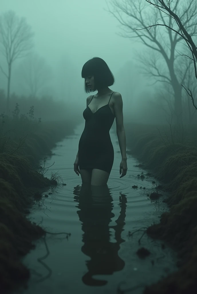 woman stuck in bog, psychological drama, latex dress, bob-cut, nylon stockings