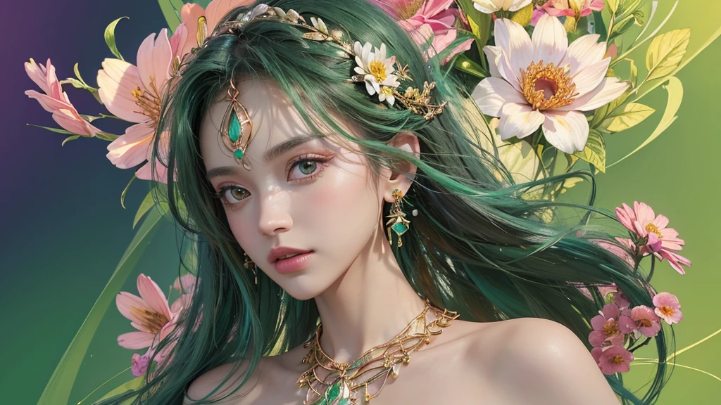 32K, 最高quality, 最高masterpiece, (ultra-Detailed Background, Detailed Background), High resolution, Super detailed, Very detailedな, One girl, (bouquet:1.3), (Tangled:1.2), (Geometric:1.2),(colorful),(masterpiece, quality, best quality, Official Art, Beautiful and beautiful:1.2), (1 girl:1.3), Very detailed,(colorful:1.1)(Flowers:1.3),Most detailed,(Tangled:1.2), whole body, (Abstract background:1.3), (Skin glows), (Many colors:1.4), ,(Earrings Jewelry:1.5), Light green background,