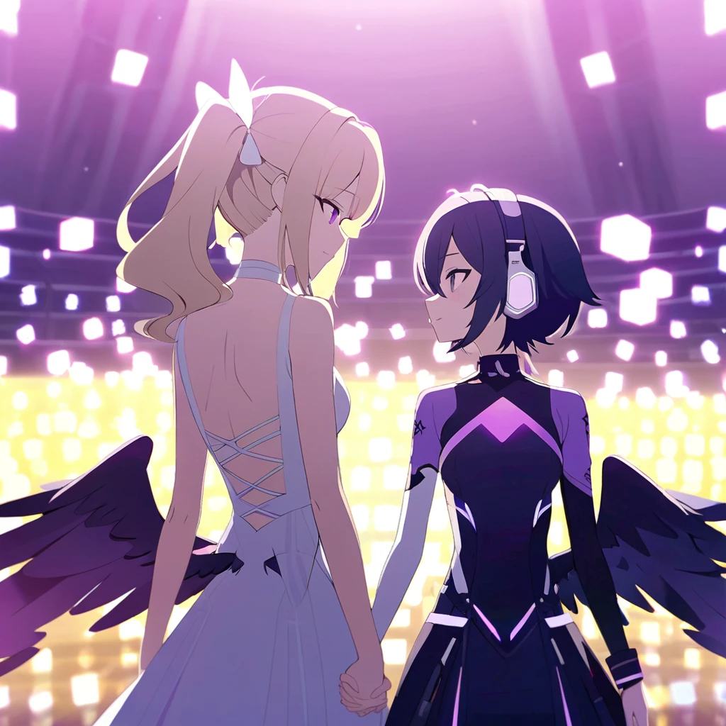((Highest quality)), (detailed), Holding hands and standing with their backs together, a girl with dark blue hair, short hair, long bangs, large breasts, purple eyes, and white headphones, and a girl with average size, small breasts, long blonde hair, purple eyes, and a long side ponytail with large wings, flames、Idol、Holding hands and standing back to back.0、Yellow and purple light cube background 1.7、Idol衣装1.6、Anatomically correct 2.0、Two people 2.0、Pastel 0.6