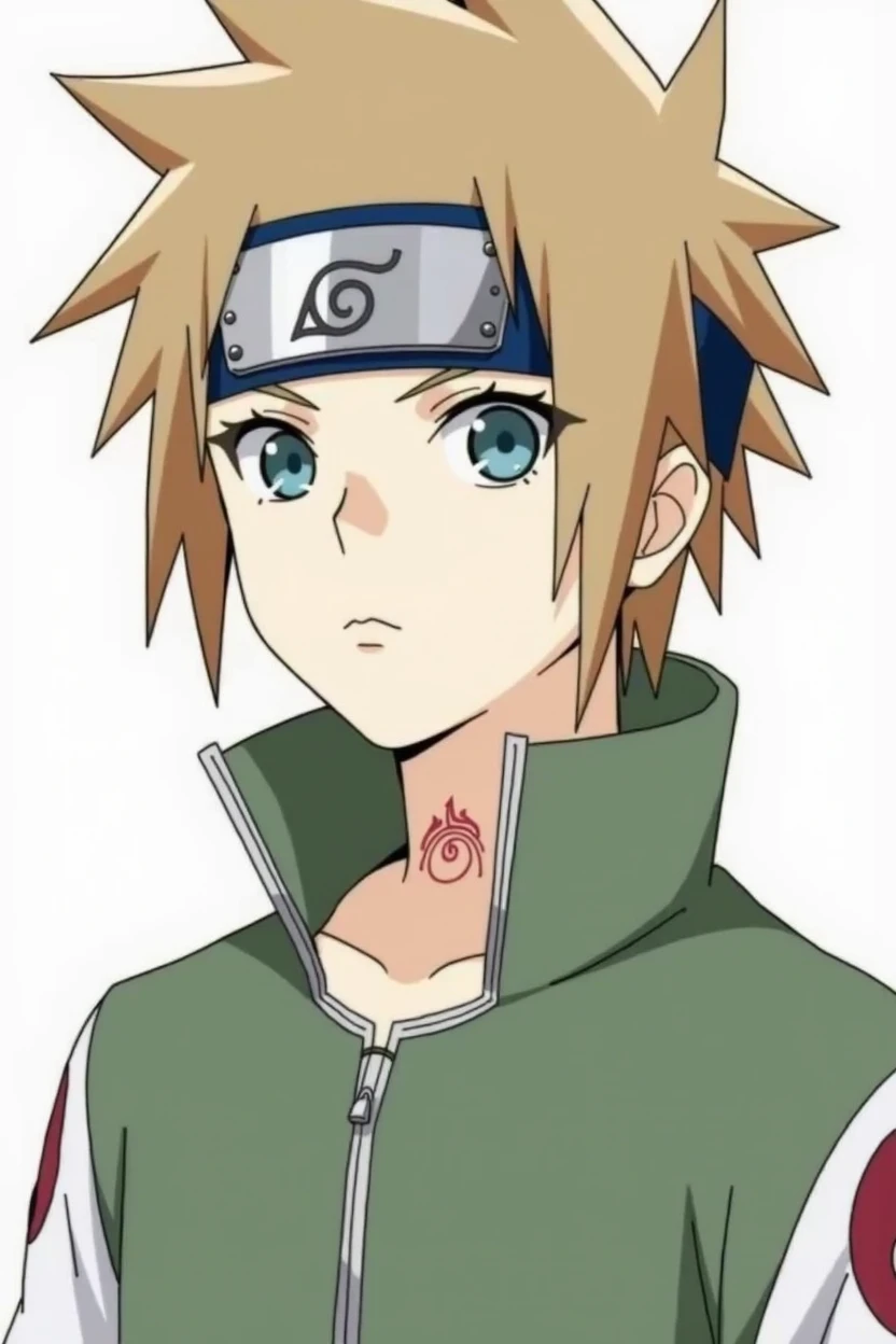 Create a character with the following characteristics: Pale Skin: has very pale skin, almost white. hair: Her hair is a light brown color and is quite messy., usually in peaks. eyes: He has green eyes with a mark on his neck with the clan mark.. He has a Sunagakure headband on his head.