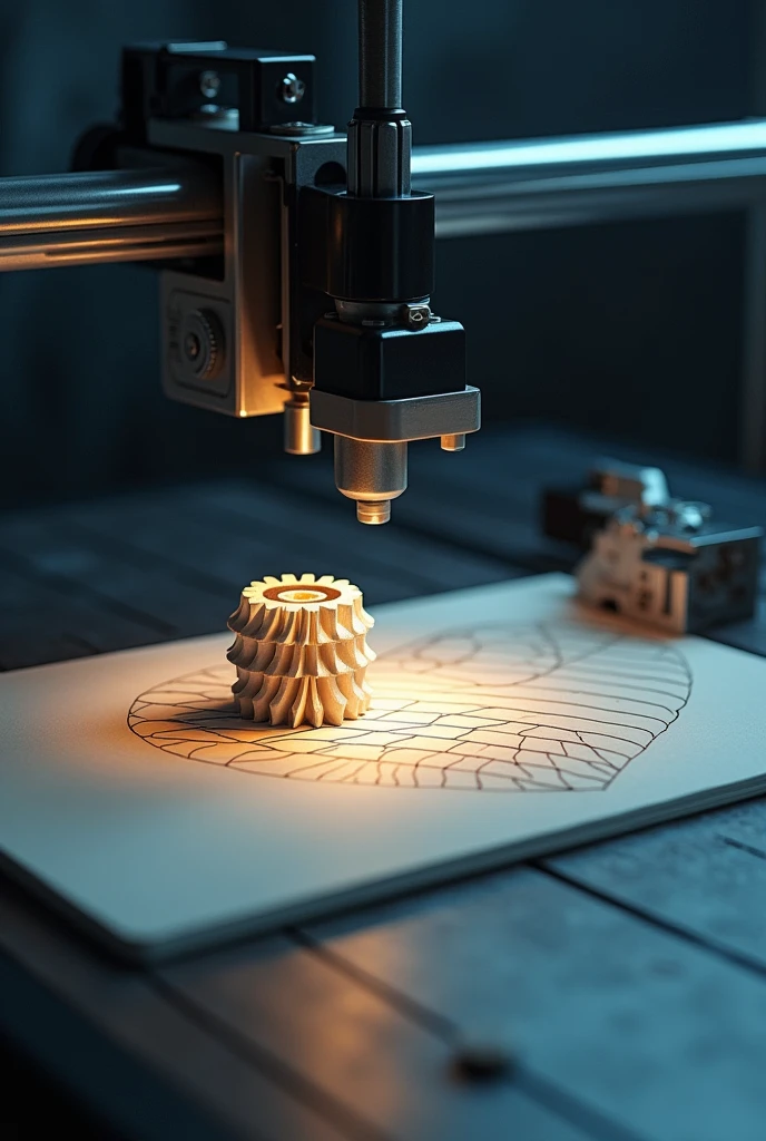 In a dusk one side a 3D printer printing a gear wheel. Auther side a cnc plotter drowing a hart image using pencil.