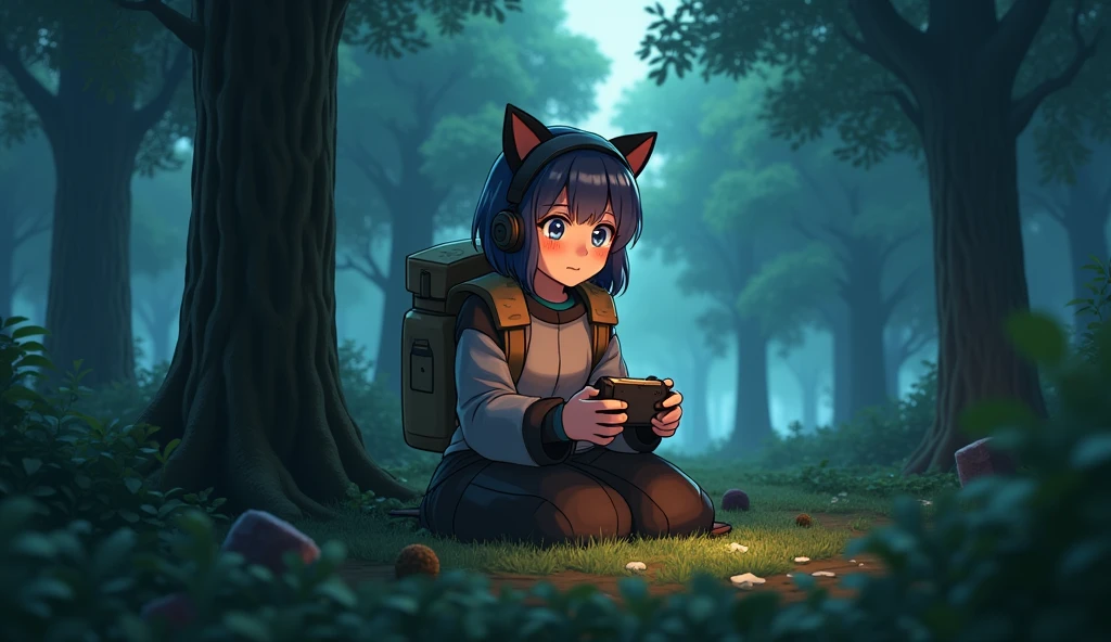 Anime Girl minecraft cosplayer in a dark forest playing video games