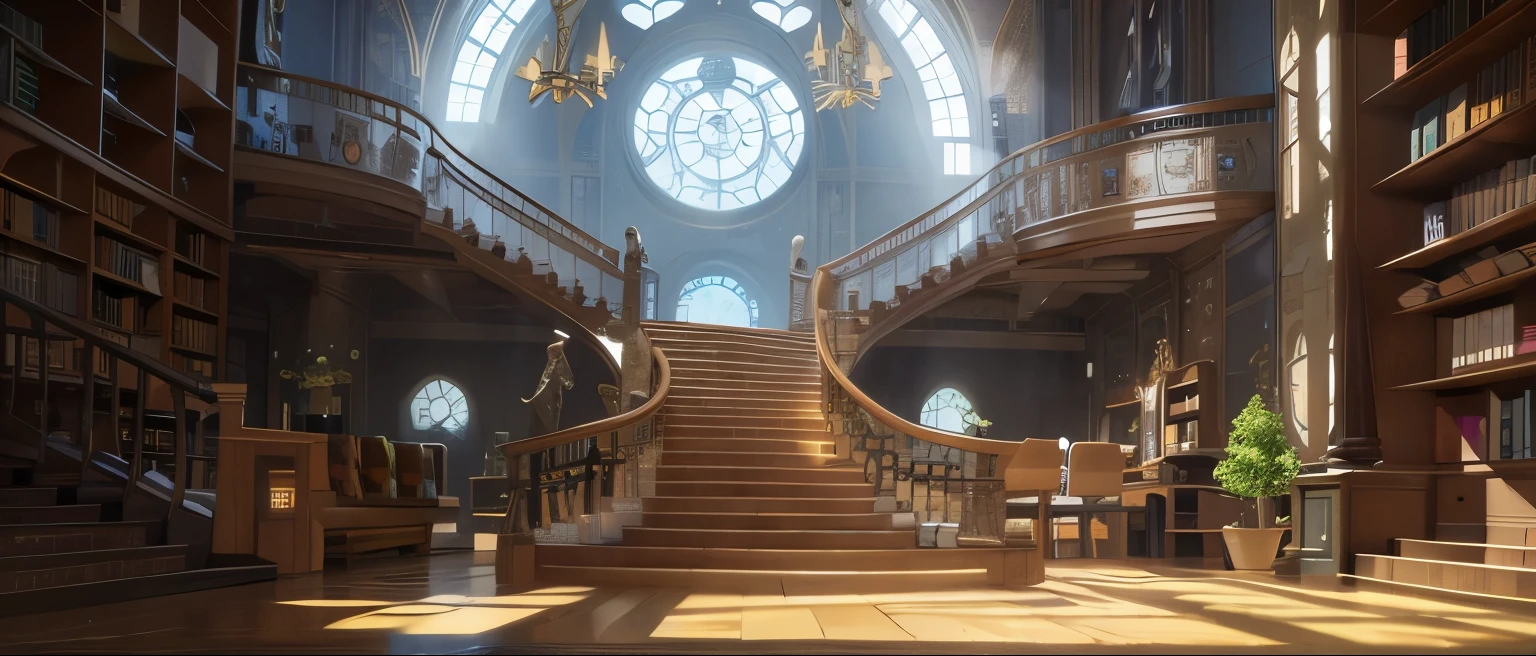 A spacious room with a spiral staircase,There are a lot of books in it.., Unreal 5 Engine Highly Rendered, Hogwarts ruins,Alchemist Library Background,Concept art rendering in Unreal Engine,intricate details