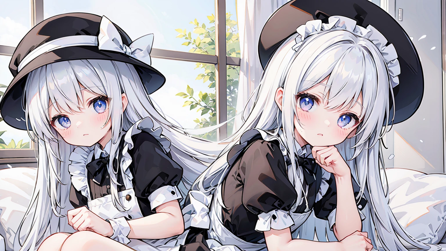black and white maid outfit、A black hat with a white ribbon、Brown long hair、blush、、Marisa Kirisame