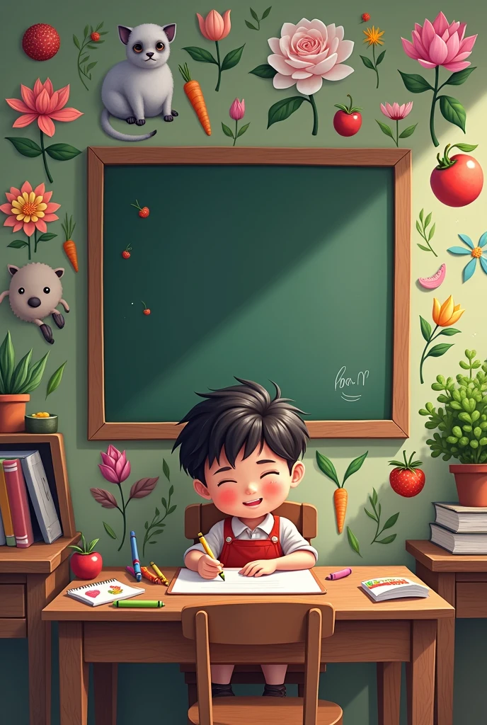 Imagine a vibrant and engaging scene featuring a  boy who is seated at a desk, intently drawing on a piece of paper with a crayon in his hand. He is facing forward, his expression focused and enthusiastic. Surrounding him on the desk is a lively assortment of illustrations: a delicate rose, a peaceful lotus, and a bright tulip add a floral touch, while playful images of a cat, a dog, and a sheep bring a whimsical charm. There are also depictions of an apple and a strawberry, alongside a carrot and a cabbage, creating a colorful and diverse collection.

At the center of this scene is a blackboard, its dark surface framed with a wooden border, adding a classic touch to the setup. Nearby, a few crayons are scattered across the desk, their vivid colors hinting at more creative endeavors. The blackboard stands as a focal point, perhaps awaiting future drawings or notes, while the boy's engaging activity and the cheerful illustrations around him create a delightful and inspiring environment.