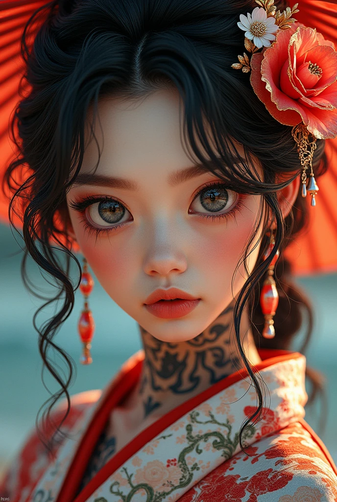 (((highest quality))),(((detailed eyes))),(((32k))),1 girl,hair,(tattoo),cyber punk,kimono,Luxurious and gorgeous,Shiny skin,earrings,flashy,((Super beautiful woman)),Japanese sword,ultimate texture,official art,Ukiyo-e,stylish,photograph,cool,Bewitching,Highest image quality,distinct,real,fantasy,(Near the future),Ghost Fire Skull Hannya mask,Demon Fox