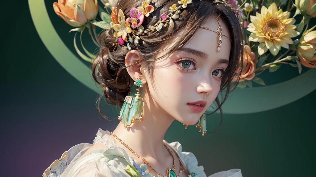 32K, 最高quality, 最高masterpiece, (ultra-Detailed Background, Detailed Background), High resolution, Super detailed, Very detailedな, One girl, (bouquet:1.3), (Tangled:1.2), (Geometric:1.2),(colorful),(masterpiece, quality, best quality, Official Art, Beautiful and beautiful:1.2), (1 girl:1.3), Very detailed,(colorful:1.1)(Flowers:1.3),Most detailed,(Tangled:1.2), whole body, (Abstract background:1.3), (Skin glows), (Many colors:1.4), ,(Earrings Jewelry:1.5), Light green background,