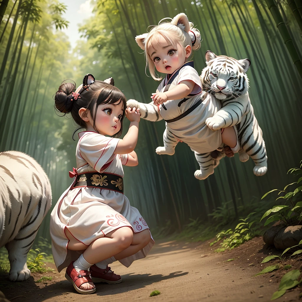 A chibi baby girl with two buns on her head and wear hanfu dress, as cute and chubby as a on a Chinese calendar,playing with the white tiger in the bamboo forest.