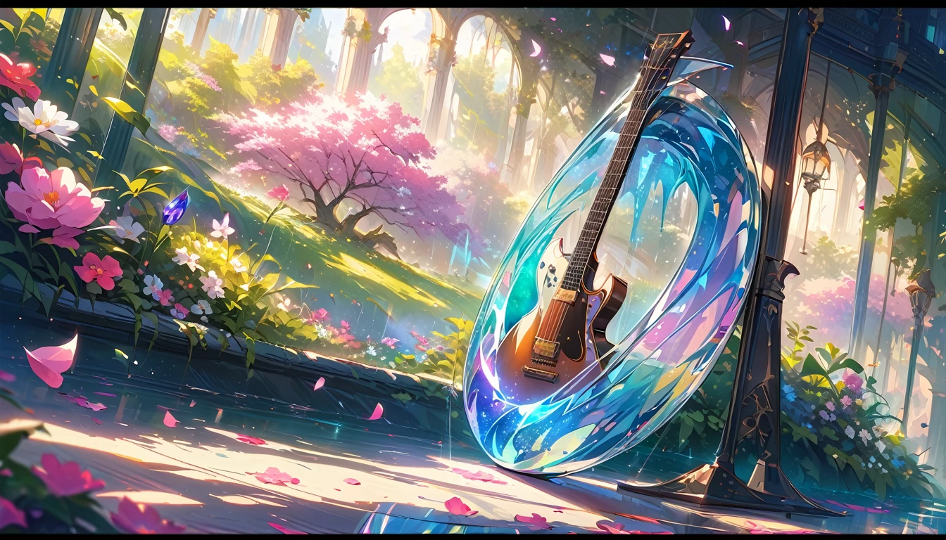 (best quality,4k,8k,highres,masterpiece:1.2),ultra-detailed,realistic,crystal-clear guitar carving,translucent morning of spring,sunlight reflection on guitar,body details,delicate strings,vibrant color palette,sculpting tools,hourglass figure,sound holes,elegant curves,polished surface,delicate engravings,effects of light and shadow,subtle reflections,shimmering surface,sparkling gemstones,flower petals falling,floral patterns,emerald accents throughout,transparent springtime essence,ethereal atmosphere,peaceful garden background,serene ambiance,morning dew,soft sunlight filtering through trees,lush greenery,vividly colored blossoms,harmonious blend of nature and art,impeccable craftsmanship,transcendent beauty,awe-inspiring artwork