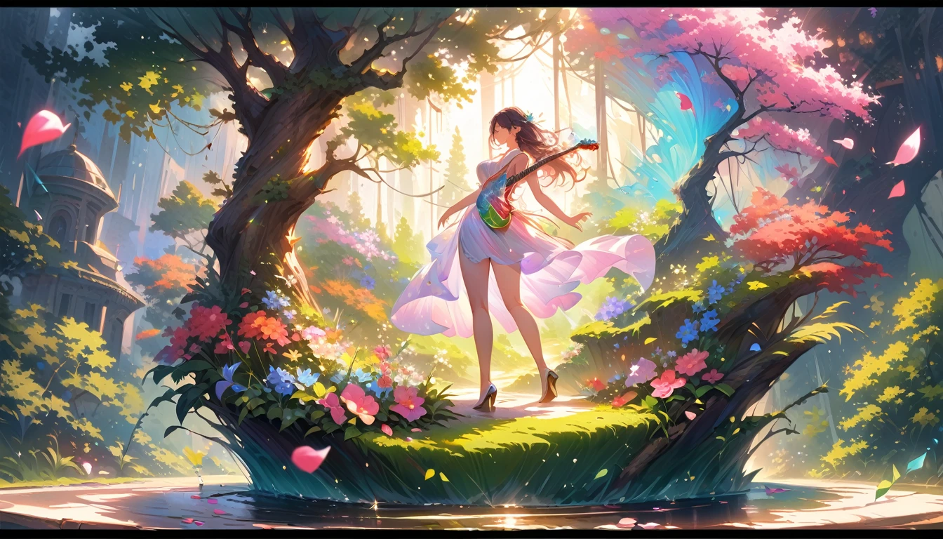 (best quality,4k,8k,highres,masterpiece:1.2),ultra-detailed,realistic,crystal-clear guitar carving,translucent morning of spring,sunlight reflection on guitar,body details,delicate strings,vibrant color palette,sculpting tools,hourglass figure,sound holes,elegant curves,polished surface,delicate engravings,effects of light and shadow,subtle reflections,shimmering surface,sparkling gemstones,flower petals falling,floral patterns,emerald accents throughout,transparent springtime essence,ethereal atmosphere,peaceful garden background,serene ambiance,morning dew,soft sunlight filtering through trees,lush greenery,vividly colored blossoms,harmonious blend of nature and art,impeccable craftsmanship,transcendent beauty,awe-inspiring artwork