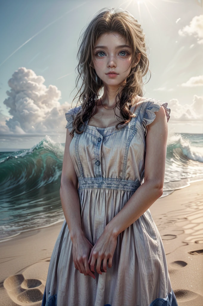 a beautiful woman with long brown hair, delicate facial features, and a serene expression standing on a sandy beach, wearing a white pinafore dress, waves crashing in the background, vibrant blue sky with wispy clouds, warm golden sun lighting the scene, highly detailed, photorealistic, 8k, cinematic lighting, atmospheric, intricate details