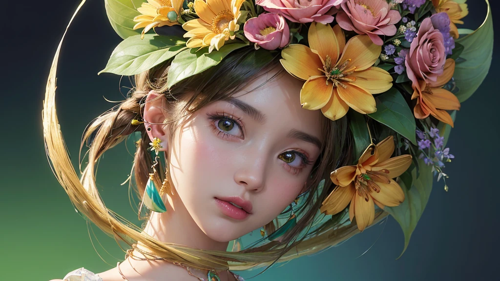 32K, 最高quality, 最高masterpiece, (ultra-Detailed Background, Detailed Background), High resolution, Super detailed, Very detailedな, One girl, (bouquet:1.3), (Tangled:1.2), (Geometric:1.2),(colorful),(masterpiece, quality, best quality, Official Art, Beautiful and beautiful:1.2), (1 girl:1.3), Very detailed,(colorful:1.1)(Flowers:1.3),Most detailed,(Tangled:1.2), whole body, (Abstract background:1.3), (Skin glows), (Many colors:1.4), ,(Earrings Jewelry:1.5), Light green background,