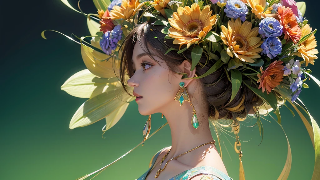 32K, 最高quality, 最高masterpiece, (ultra-Detailed Background, Detailed Background), High resolution, Super detailed, Very detailedな, One girl, (bouquet:1.3), (Tangled:1.2), (Geometric:1.2),(colorful),(masterpiece, quality, best quality, Official Art, Beautiful and beautiful:1.2), (1 girl:1.3), Very detailed,(colorful:1.1)(Flowers:1.3),Most detailed,(Tangled:1.2), whole body, (Abstract background:1.3), (Skin glows), (Many colors:1.4), ,(Earrings Jewelry:1.5), Light green background,