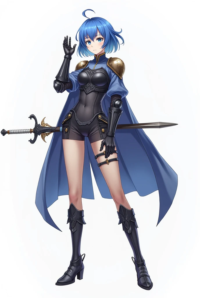 byleth_(fire_emblem), byleth_(fire_emblem)_(female), nsfw 1girl, weapon, pantyhose, solo, shorts, blue_eyes, black_shorts, holding_weapon, full_body, short_shorts, closed_mouth, blue_hair, transparent_background, holding, medium_hair, dagger, bangs, armor, shiny, breasts, shiny_hair, sheath, sword, arm_guards, holding_sword, knee_boots, sheathed, lips