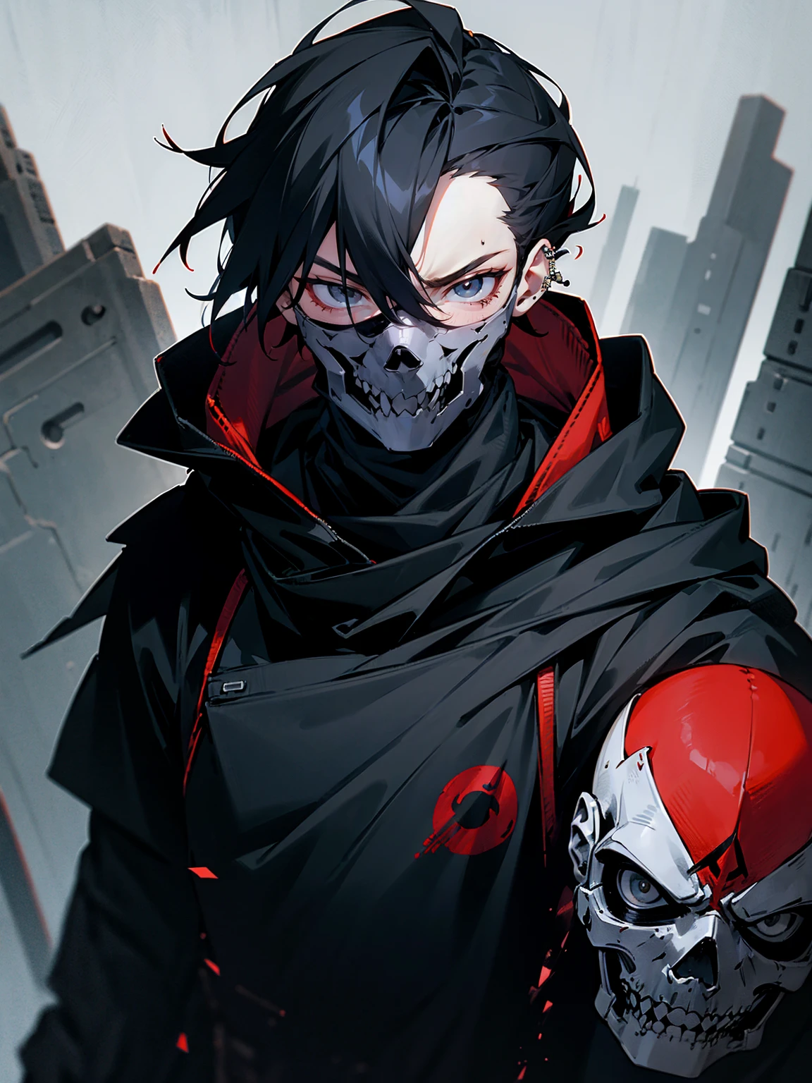 1male, adult, gojo hair, black hair, spiky hair, hood over head, grey eyes, red skull mask, eye piercing, lazy expression, black techwear jacket, black sweatpants, lean build