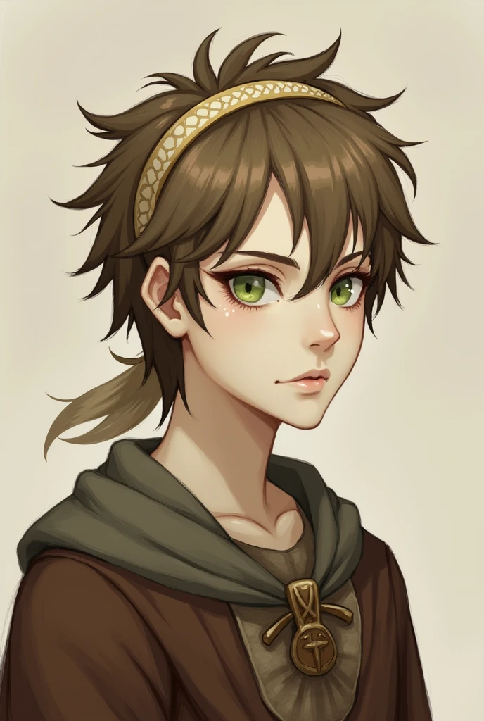 Create a character with the following characteristics: Pale Skin: has very pale skin, almost white. hair: Her hair is a light brown color and is quite messy., usually in peaks. eyes: He has green eyes with a mark on his neck with the clan mark.. He's wearing a band from the country of the sands on his head.