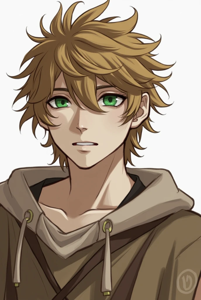 Create a character with the following characteristics: Pale Skin: has very pale skin, almost white. hair: Her hair is a light brown color and is quite messy., usually in peaks. eyes: He has green eyes with a mark on his neck with the clan mark.. He's wearing a band from the country of the sands on his head.