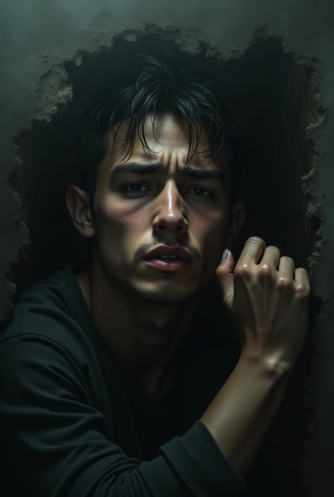 A dark cover of a young man crying over his problems but at the same time fighting them. Like trapped somewhere unable to escape but with hope that he would succeed