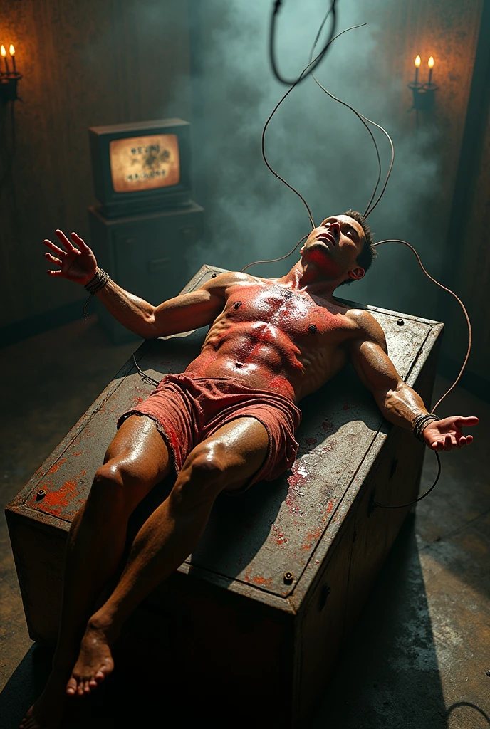 (photo:1.2) of a museum display showcasing a machine to torture men. Long rusty metal wires stick into the bleeding body. The machine is a kind of television. A human being with open arms approacing. Cables embedded in the body. Top view. (A weathered sign pleads "DEATH MACHINE"). Masterpiece, best quality, 8K, photo realistic, wallpaper, wallpaper 8k, photographic contest winner, Hyperrealistic art cinematic film still photography in the style of detailed hyperrealism photoshoot. [Entire scene is surrounded by lights, evoking a magical and eerie atmosphere. The lighting is bright and atmospheric, with smoke adding a touch of sinister ambiance. Best quality image, HDR enhancement, showcasing the utmost level of detail and realism]. [8K, Best Quality, Ultra High Resolution, (highly detailed CG unity 8k wallpaper), (best photo), (best shadows), isometric 3D, octane rendering, ray tracing, highly detailed, (Best quality, 4K, 8k:1.2), absurdity, ultra detailed, (realistic, photorealistic, photorealistic:1.37), complex parts, HDR, (complex parts:1.12), (hyper detailed, hyper realistic, Soft lighting, spicy:1.2), (complex parts, Hyper detailed:1.15). Blurred foreground. (backlit), masterpiece, high quality, brightness, chromatic aberration, foggy smoke, shadows, contrast, clear sky, (warm hue, warm tone), high details, natural reflections].