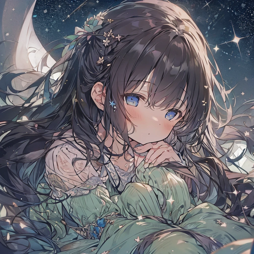 (Girl:1.4), alone, whole body, Sitting, Dynamic Angle, Flat Chest, frills, 3 years old, Long Hair, night, Starry Sky, dark, sleepy, I want to sleep, Covered breasts,shy, blush,大きなぬいぐるみを抱いているパジャマ姿のGirl,