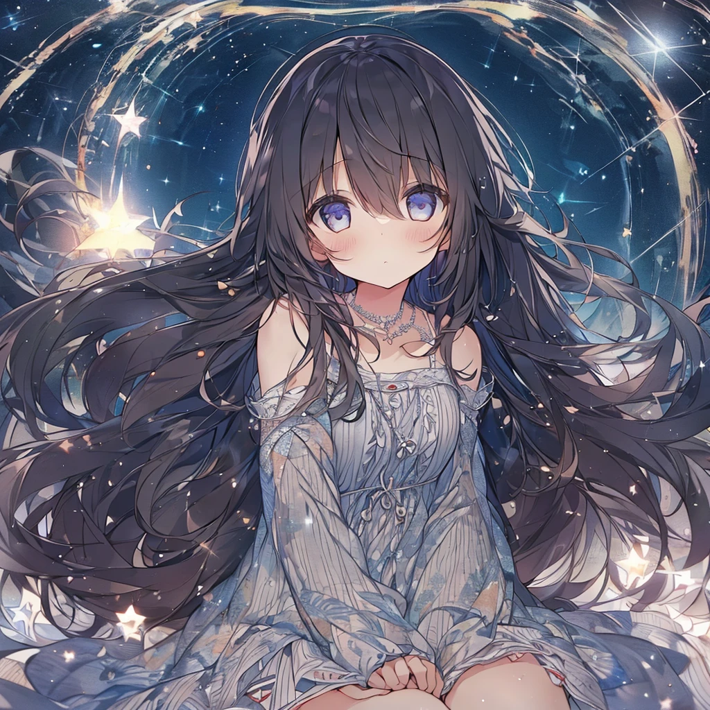 (Girl:1.4), alone, whole body, Sitting, Dynamic Angle, Flat Chest, frills, 3 , Long Hair, night, Starry Sky, dark, sleepy, I want to sleep, Covered breasts,shy, blush,大きなぬいぐるみを抱いているパジャマ姿のGirl, 