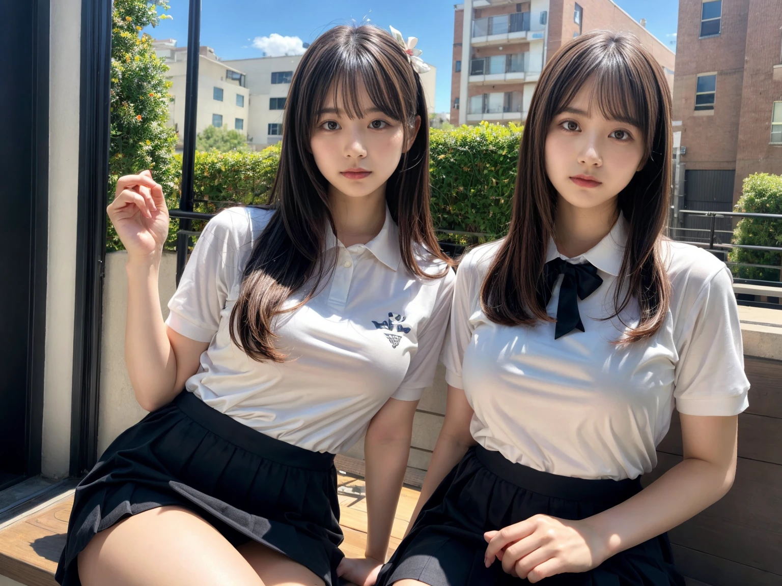 (8K, Raw photography, top-quality, masterpiece:1.2), master piece, best quality, illustration, Super detailed, fine details, High resolution, 8K,wall paper, perfect dynamic composition,(Details High quality, realistic depiction of eyes:1.3), ((2 girls, 2 schoolgirls)), The background is a luxury hotel room、High school girl uniform、blazer 、Super Short Check Uniform Skirt、Navy blue high socks、garterbelts、Colossal tits、Disturbed uniform, Play with each other,Touching each other's bodies,Touching the body of the girl next door, short bob hair, black hair color, huge breasts, Big Natural Color Lip, bold sexy pose, (perfect body shape), crying a little、cold gaze, Beautiful makeup,glitter makeup,Cutest 18 years old, beautiful legs, hposing Gravure Idol, Voluptuous thighs