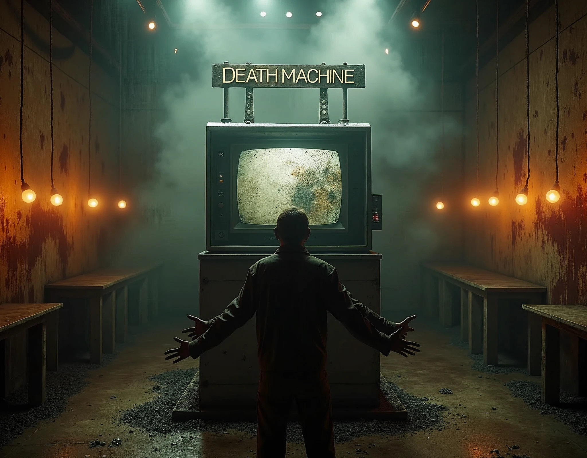 (photo:1.2) of a museum display showcasing a machine to torture men. Long rusty metal spikes were used to pierce the bodies. The machine is a kind of bloody television. A human being with open arms approacing. Top view. (A weathered sign pleads "DEATH MACHINE"). Masterpiece, best quality, 8K, photo realistic, wallpaper, wallpaper 8k, photographic contest winner, Hyperrealistic art cinematic film still photography in the style of detailed hyperrealism photoshoot. [Entire scene is surrounded by lights, evoking a magical and eerie atmosphere. The lighting is bright and atmospheric, with smoke adding a touch of sinister ambiance. Best quality image, HDR enhancement, showcasing the utmost level of detail and realism]. [8K, Best Quality, Ultra High Resolution, (highly detailed CG unity 8k wallpaper), (best photo), (best shadows), isometric 3D, octane rendering, ray tracing, highly detailed, (Best quality, 4K, 8k:1.2), absurdity, ultra detailed, (realistic, photorealistic, photorealistic:1.37), complex parts, HDR, (complex parts:1.12), (hyper detailed, hyper realistic, Soft lighting, spicy:1.2), (complex parts, Hyper detailed:1.15). Blurred foreground. (backlit), masterpiece, high quality, brightness, chromatic aberration, foggy smoke, shadows, contrast, clear sky, (warm hue, warm tone), high details, natural reflections].