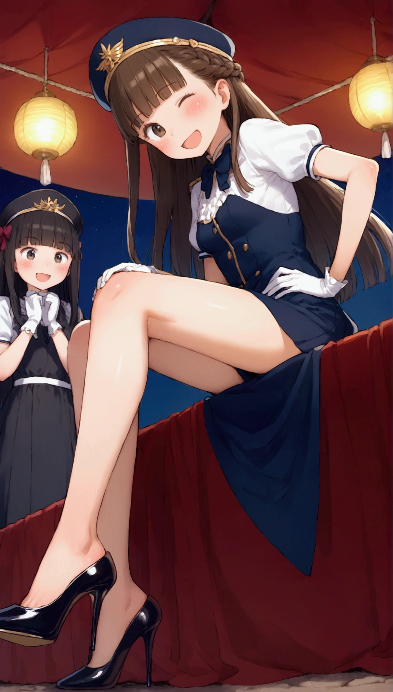 {Highest quality}, {Super beautiful},{Ultra fine},{Best illustration},Brown Hair,Hime cut,long hair,Braid,One woman,Woman sitting,Strike a pose,Adult women,smile,Excited face,Wink,Uniform cap,White Shirt,Short sleeve,long black skirt,White gloves,Night Festival,Blushing,Slender,Black stiletto heels,barefoot,From an angle,From below,Put one hand on your hip,Spread your legs,Spread one leg