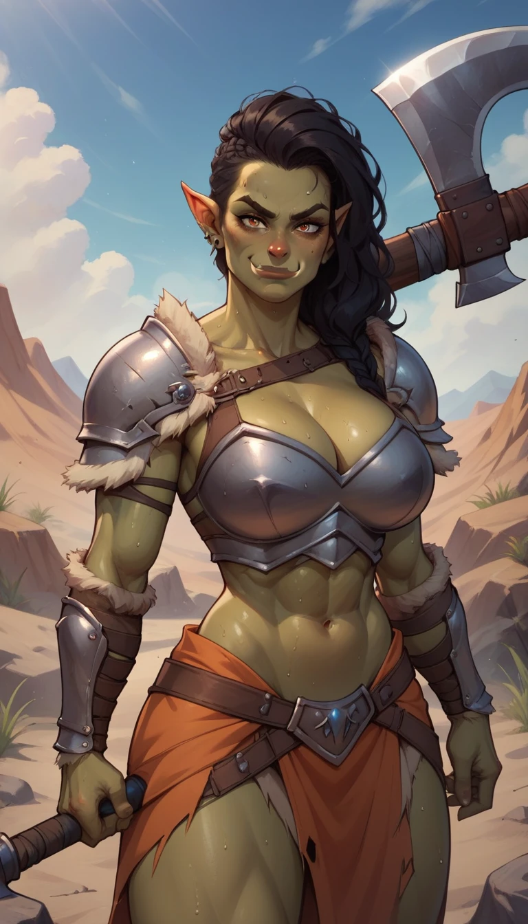 core_9, score_8_up, score_7_up, score_6_up, BREAK 1woman, Orc female, big breasts, wearing barbarian armor, in a rocky orange desert terrain, smirking, sweating, holding axe, black hair