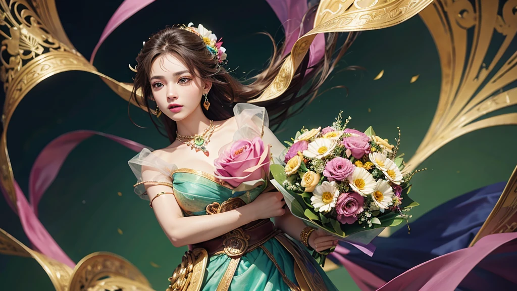 32K, 最高quality, 最高masterpiece, (ultra-Detailed Background, Detailed Background), High resolution, Super detailed, Very detailedな, One girl, (bouquet:1.3), (Tangled:1.2), (Geometric:1.2),(colorful),(masterpiece, quality, best quality, Official Art, Beautiful and beautiful:1.2), (1 girl:1.3), Very detailed,(colorful:1.1)(Flowers:1.3),Most detailed,(Tangled:1.2), whole body, (Abstract background:1.3), (Skin glows), (Many colors:1.4), ,(Earrings Jewelry:1.5), Light green background,