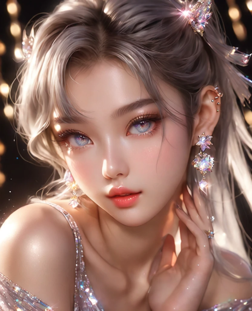 8K,gal,an extremely delicate and beautiful,Beautiful and realistic skin,Shiny jewel-like earrings,asian girl,like glitter Greige hair,,beautiful eyes,full body
