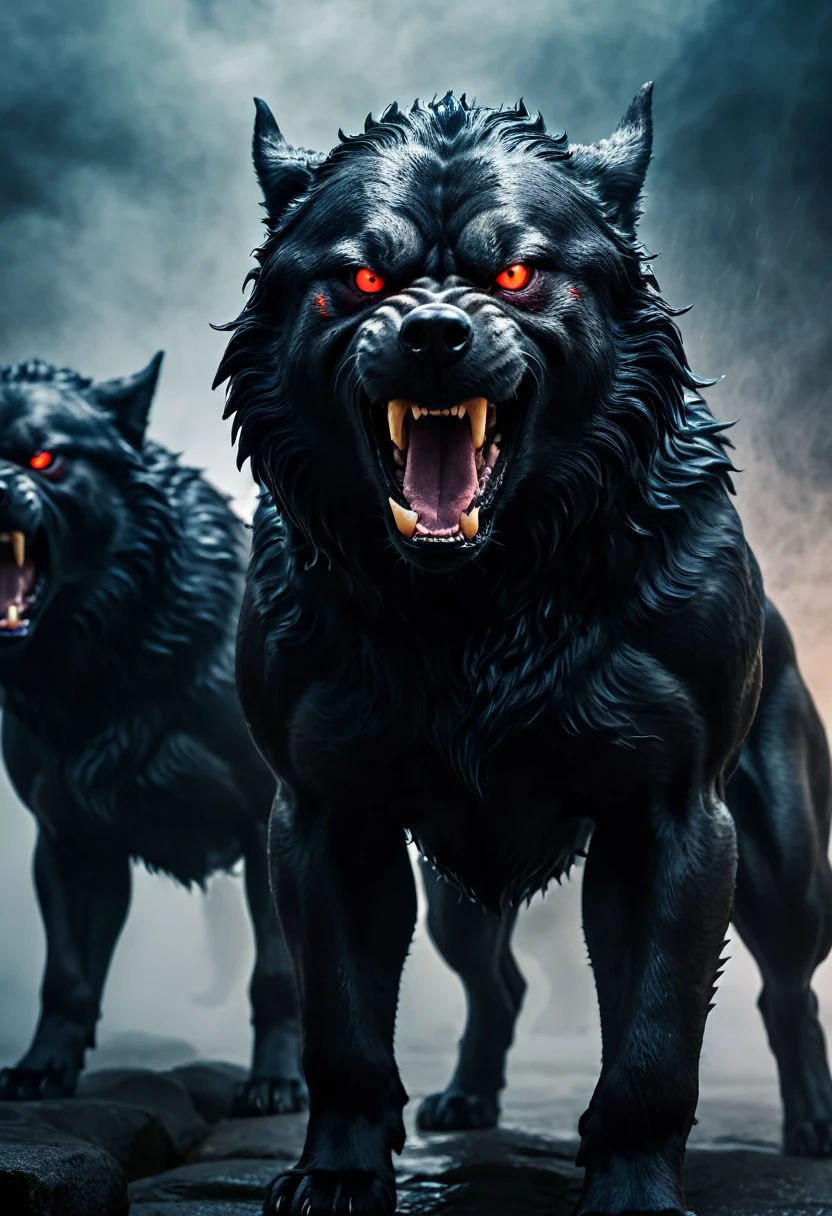 a three-headed guard dog cerberus, angry, growling towards the viewer, greek mythology, mysterious and ethereal, shrouded in mist, blurred background, professional camera, professional lighting, (best quality,4k,8k,highres,masterpiece:1.2),ultra-detailed,(realistic,photorealistic,photo-realistic:1.37),dramatic lighting,ominous atmosphere,imposing presence,powerful and intimidating,glowing red eyes,snarling teeth,coarse fur,muscular body,intimidating stance,dark shadows,moody colors,rich textures