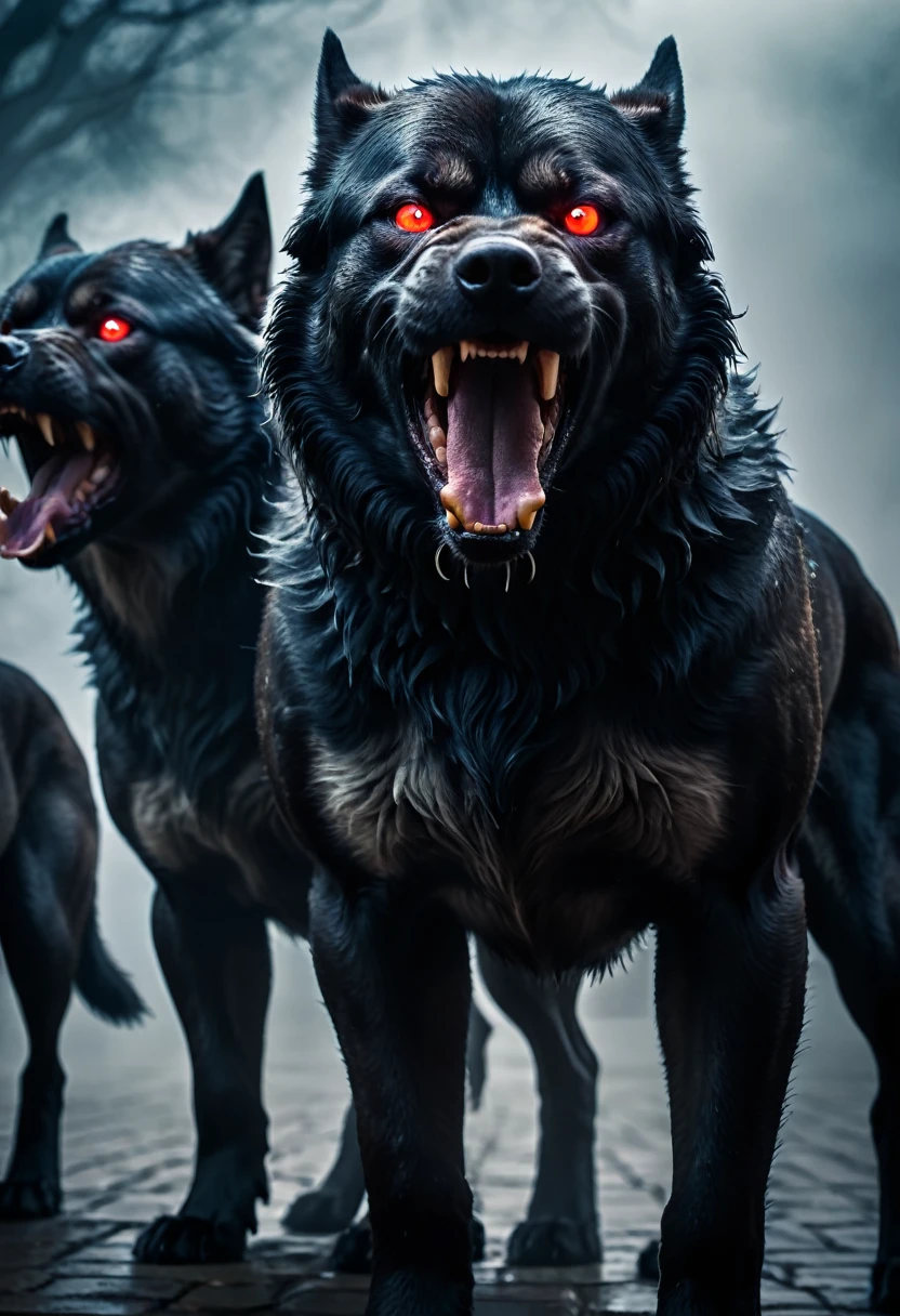 a three-headed guard dog cerberus, angry, growling towards the viewer, greek mythology, mysterious and ethereal, shrouded in mist, blurred background, professional camera, professional lighting, (best quality,4k,8k,highres,masterpiece:1.2),ultra-detailed,(realistic,photorealistic,photo-realistic:1.37),dramatic lighting,ominous atmosphere,imposing presence,powerful and intimidating,glowing red eyes,snarling teeth,coarse fur,muscular body,intimidating stance,dark shadows,moody colors,rich textures