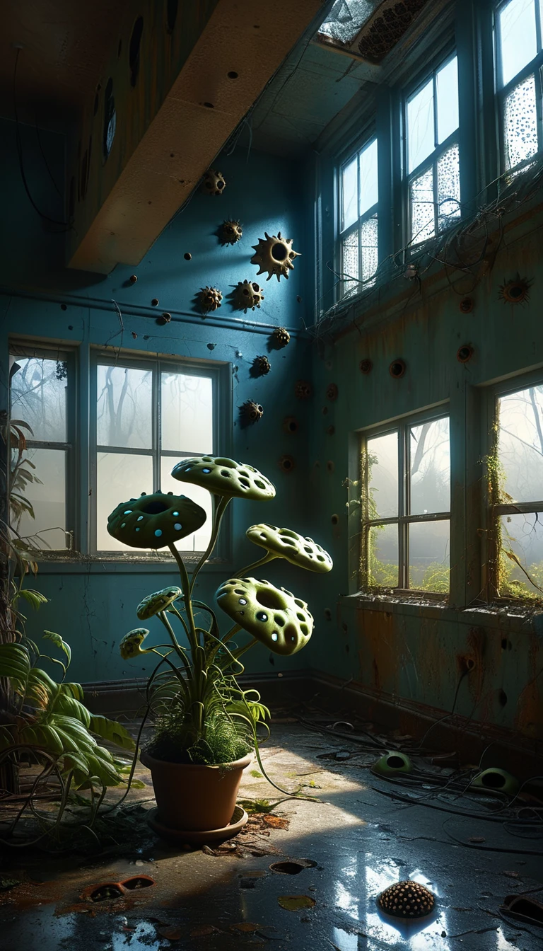 ral-hnycmb alien plant, Creepy, In the background is an abandoned psychiatric hospital with broken windows, Trypophobia,, Storm lighting, Sin 3, Sharp Focus Digital Painting, Concept Art, Award-winning illustrations by Greg Rutkowski, Wow, ArtJam, alex grey, Ruan Jia and Fenghua Zhong