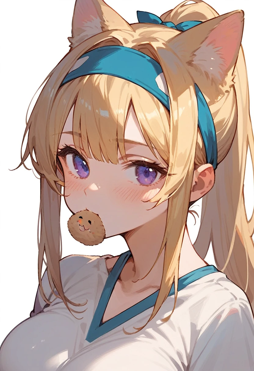 solo, One girl, Blushing, bangs, blue eyes, Blonde, Simple Background, Close your mouth, Purple eyes, ponytail, Cowboy Shot, Headband, Cat ear, Large Breasts, Anime Style,