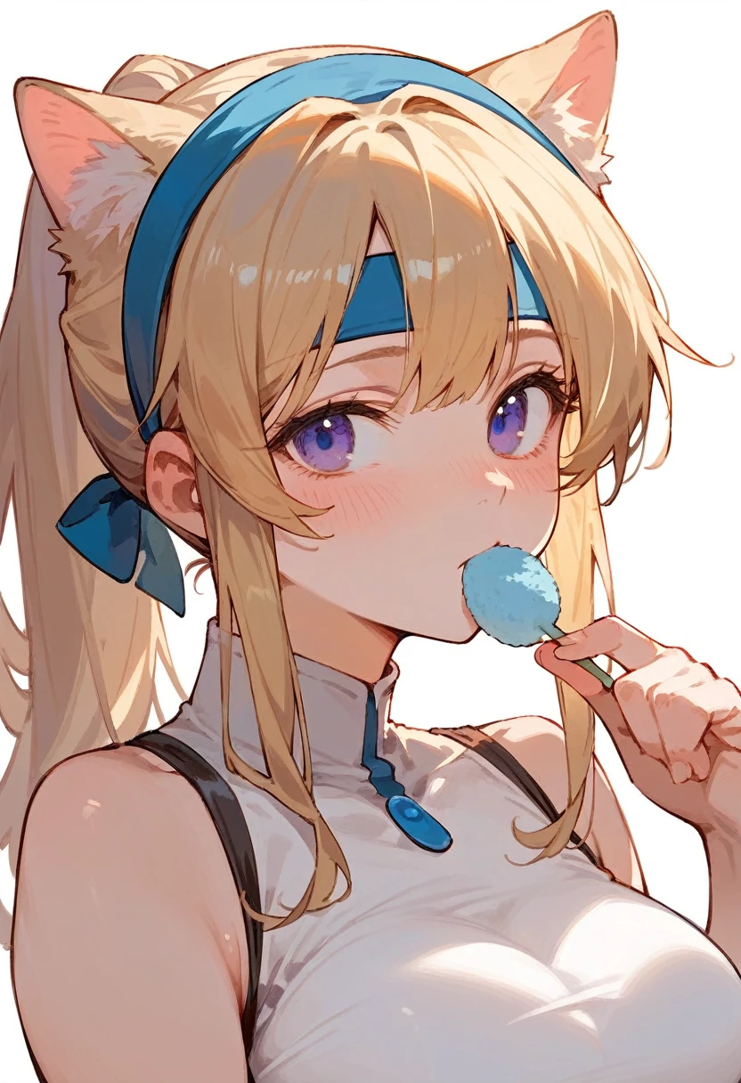 solo, One girl, Blushing, bangs, blue eyes, Blonde, Simple Background, Close your mouth, Purple eyes, ponytail, Cowboy Shot, Headband, Cat ear, Large Breasts, Anime Style,