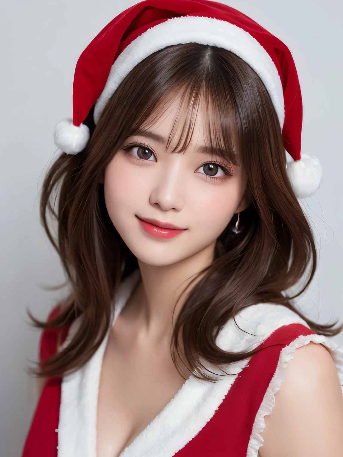 white background, half body portrait, bust shot, looks happy, gentle smile, one girl, (a beauty girl, delicate girl:1.3), (20 years old:1.3), break, (dress up as Santa Claus), break, very fine eyes, (symmetrical eyes:1.3), break, C cup breasts, brown eyes, parted bangs, brown hair, (smile), break, (eyes and faces with detailed:1.0), break, (masterpiece, best quality, ultra detailed, detailed face, 8k)