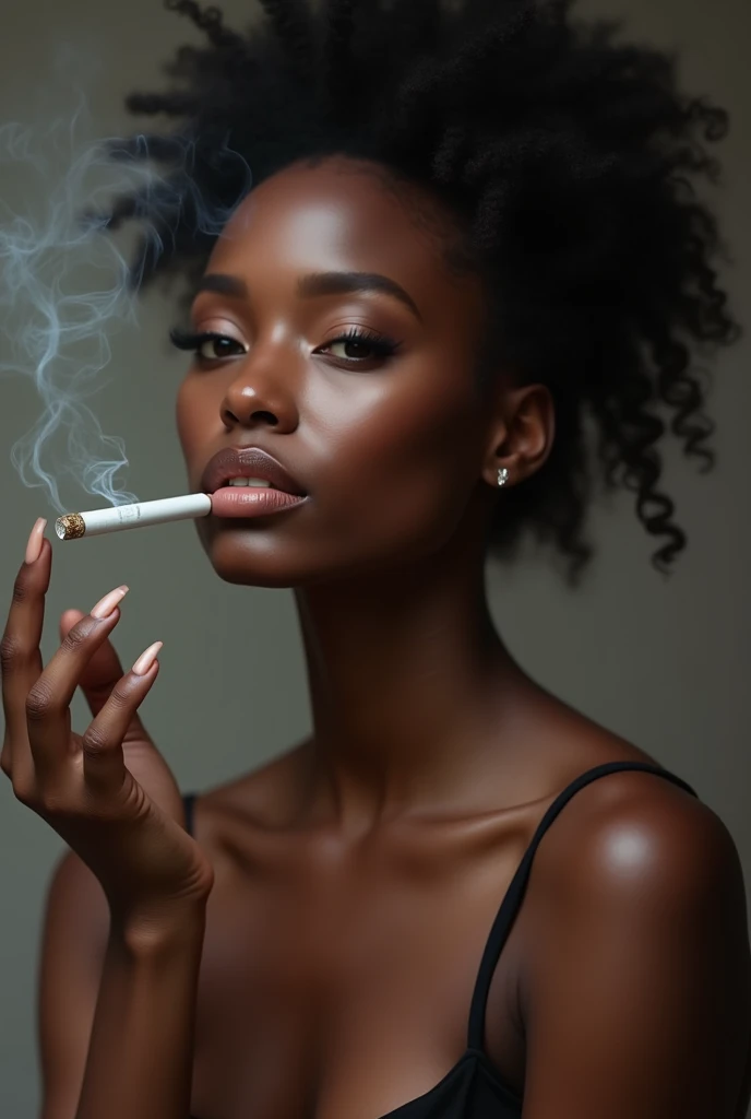 Beautiful black ebony girl, sexy body, 1920s silver loose dress, 1920s jewelry and accessories, 1920s cigar, photo studio, professional, modeling, smiling
