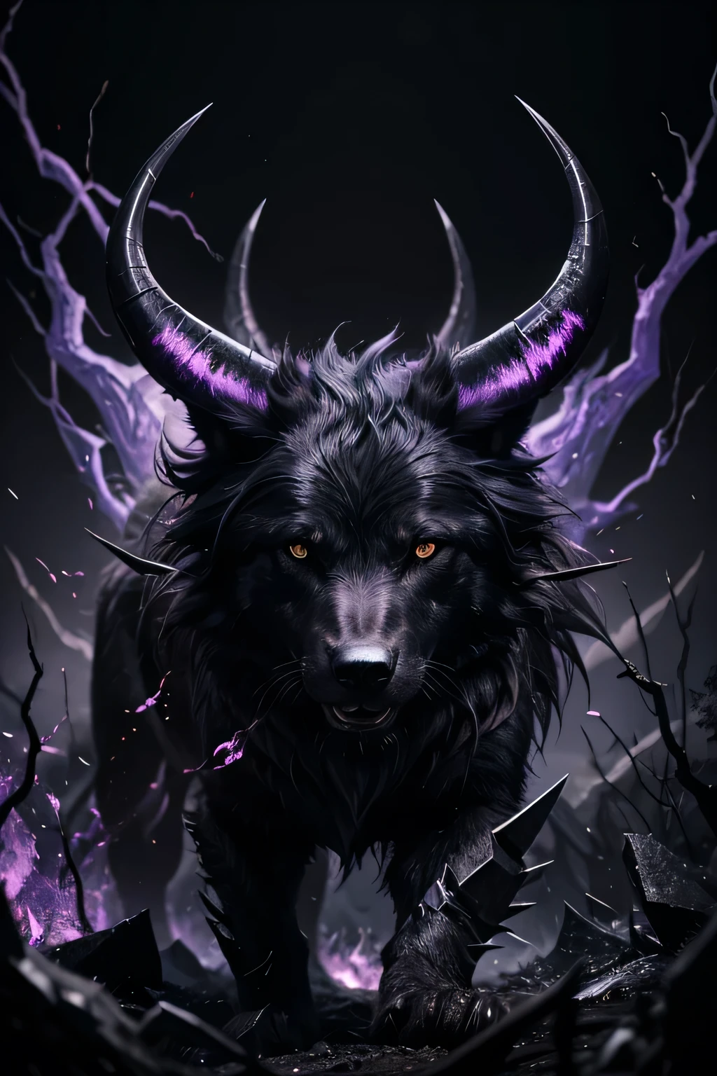 a black dire wolf, purple eyes, horns protruding from its head, each twisting like a gnarled branch as they came to a sharp point behind its ears, fur jutted out in hard spikes, gleaming like obsidian beneath the sharp-edged blades of purple flames that danced over him, purple flames