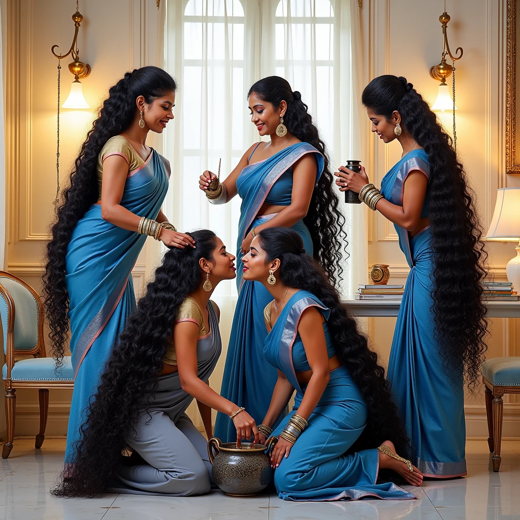 (best quality),in luxerius office items sorrounded bright lighted modern indian office,four middle age indian ladies named Mina,Vina,Ruba and Lina,All four ladies in sarees and having perfect curvy figures as in image prompt,All of four ladies having same 3c curly hairs like very long springed black color thick noodles those which can reaching up to their knee level as detailed in image prompt,Mina and Vina already had a oil bath all over thier hairs and at the moment styled their 3c curly hairs in to slick back big hair bun as in image prompt,Mina' and Vina' hairs like oil pulpted hair buns as in image prompt,Both Mina and Vina kneeling and helping to Ruba to get oil bath,Ruba is the one getting oil bath at the moment as in image prompt,Ruba is in kneeled and tilted little back and getting oil bath as in image prompt,Ruba's heavy volumed rapunzel 3c curly hair is runnning down in one stream and spread over the floor as in image prompt,She already had bath from one oil pot and this is the second oil pot she is getting bath as in image prompt,As of second oil bath:Ruba' 3c curls totaly drenched with loads of oil,Ruba while getting oil bath she shows her long tongue keeping her mouth open(show me your tongue out,long tongue:1.2) as in image prompt,Mina kneeled behind to the Ruba and she is helping back tilted ruba to get oil bath as in image prompt,Lina is the one who is making sexiest moment,Lina also having 3c curly hair like Ruba,As detailed in image prompt she already had a oil bath before and in the moment she has awaken her sensual feeling towards Ruba,At the moment Lina kneeled and bend over towards Ruba to make wild kiss showing her tongue out(show me your tongue out,long tongue:1.3),Vina kneeled and pouring oil to the Ruba' head hodling a large oil pot and oil flowing through Ruba' curls as in image prompt,meanwhile Vina is grabbing lina's hair and pulling back as in image prompt,(Perfect relevent tongue' actions as in image prompt),((Perfect Color Grading))