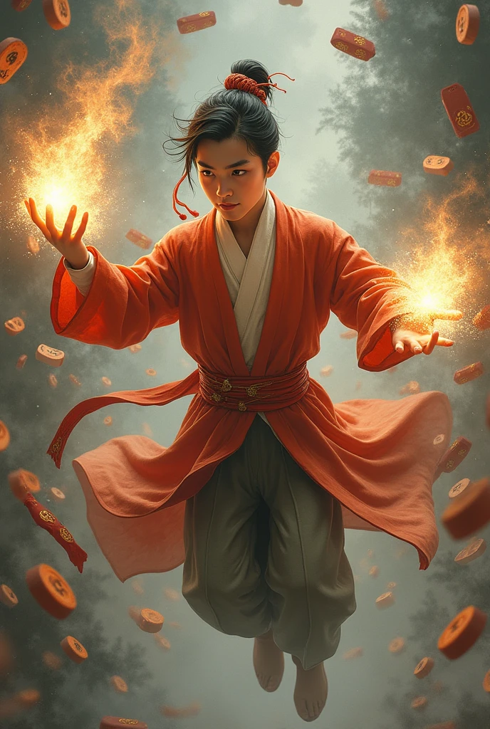 The young man in traditional Chinese clothing is flying and casting magic, Beside him are countless charms to ward off love and spells