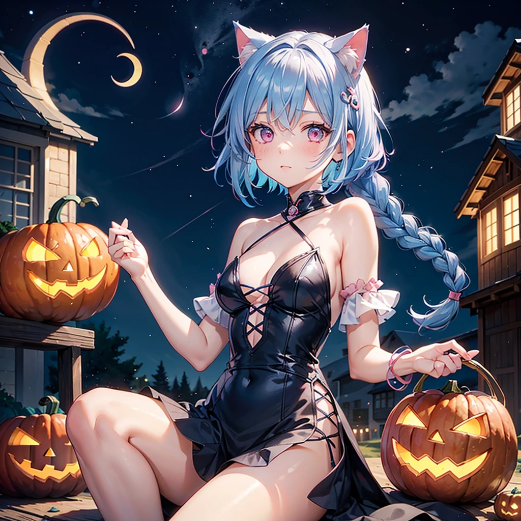 (Sky blue hair),(Braided short hair), (Pink Eyes),Fair skin) ,(whole body),(One Girl),(Crescent Moon),(There are lots of pumpkin ghosts in the background),Cat ear,Cat's Tail,(Sailor suit),(Ahegao),(Fall into Darkness),If you don't give me sweets, I'll play a prank on you.),Halloween Night Party),(masterpiece, Highest quality, Very detailed, Best Shadow), (Detailed Background), (Beautifully detailed face), High Contrast, (Best lighting, Very delicate and beautiful), ((Cinematic Light)), Hyper Detail,8k, Dramatic Light, Intricate details,night,(Bats flying in the background),Pumpkin handbag,There are sweets in the bag,