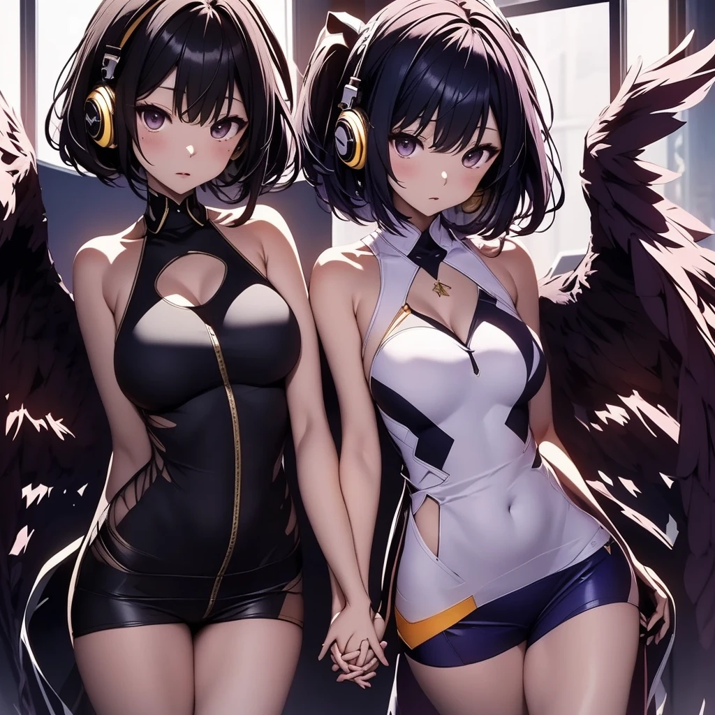 ((Highest quality)), (detailed), Holding hands and standing with their backs together, a girl with dark blue hair, short hair, long bangs, large breasts, purple eyes, and white headphones, and a girl with average size, small breasts, long blonde hair, purple eyes, and a long side ponytail with large wings, flames、Idol、Holding hands and standing back to back.0、Yellow and purple light cube background 1.7、Idol衣装1.6、Anatomically correct 2.0、Two people 2.0、Pastel 0.6