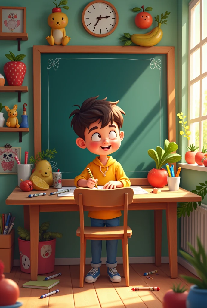 A 2d drawing cartoon of a little boy who is seated at a desk, intently drawing on a piece of paper with a crayon in his hand. He is facing forward, his expression focused and enthusiastic. Surrounding him on the desk is a lively assortment of illustrations: a delicate rose, a peaceful lotus, and a bright tulip add a floral touch, while playful images of a cat, a dog, and a sheep bring a whimsical charm. There are also depictions of an apple and a strawberry, alongside a carrot and a cabbage, creating a colorful and diverse collection.

At the center of this scene is a blackboard, its dark surface framed with a wooden border, adding a classic touch to the setup. Nearby, a few crayons are scattered across the desk, their vivid colors hinting at more creative endeavors. The blackboard stands as a focal point, perhaps awaiting future drawings or notes, while the boy's engaging activity and the cheerful illustrations around him create a delightful and inspiring environment.