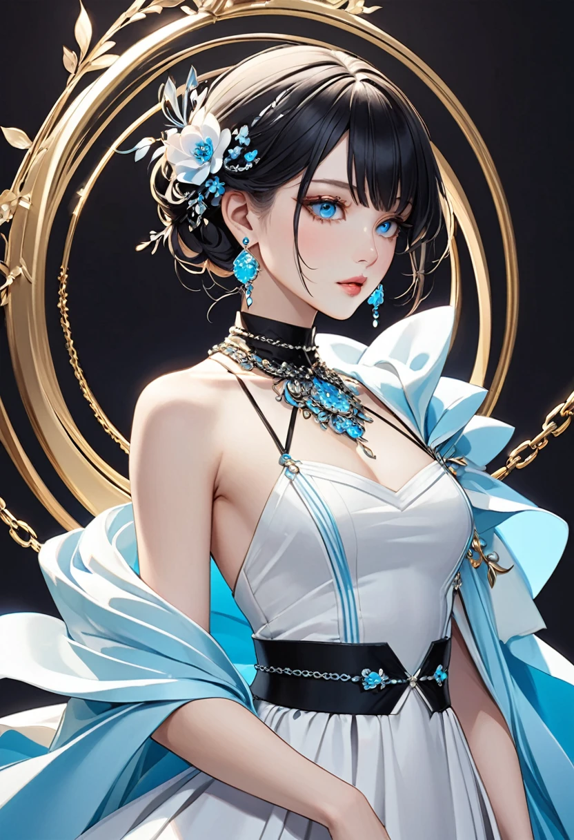 This image is、It depicts a person with an elaborate hairstyle that combines black and light blue.。, An elegant updo adorned with decorative hair accessories. The figure is wearing a white dress with thin straps and a high-necked choker。, The chains around the neck add an accent.. They also、long, Dangling earrings. A light shawl is draped over the shoulders, Adds a sophisticated look. Dark background, Highlight the bright elements of your outfit.