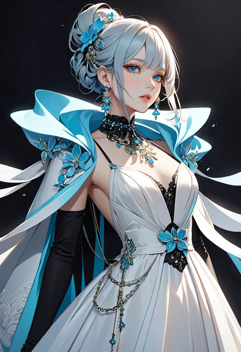 This image is、It depicts a person with an elaborate hairstyle that combines black and light blue.。, An elegant updo adorned with decorative hair accessories. The figure is wearing a white dress with thin straps and a high-necked choker。, The chains around the neck add an accent.. They also、long, Dangling earrings. A light shawl is draped over the shoulders, Adds a sophisticated look. Dark background, Highlight the bright elements of your outfit.