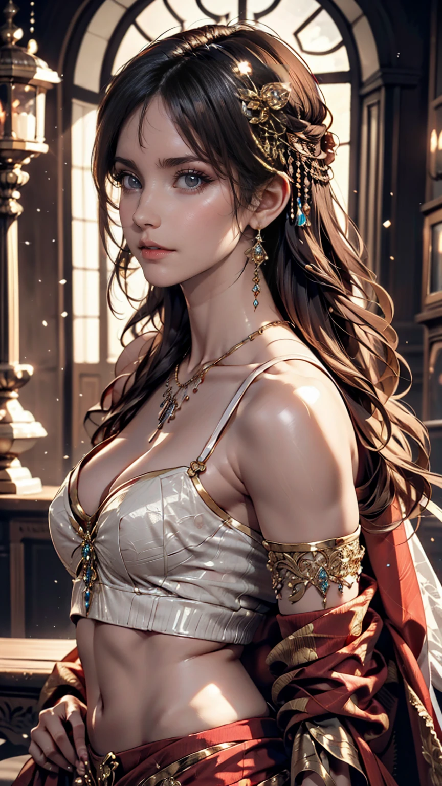 Arabian woman wearing a sari and a necklace, Complex set, Jeweled, Wearing something complicated, Elaborate jewellery, with Intricate details, Complicated costumes, Wearing elegant jewelry, Intricate details. from the front, Black Jewelry, Elaborate jewelry, high Intricate details, Hand Jewelry Model Photos, Close-up portrait, Complex beauty, Exquisite Jewelry, side view Intricate details